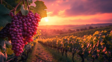 Crimson grapes at sunset over vineyard