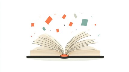 An open book with colorful square confetti emanating from its pages, set against a white background.  The book is depicted in a simple, minimalist style