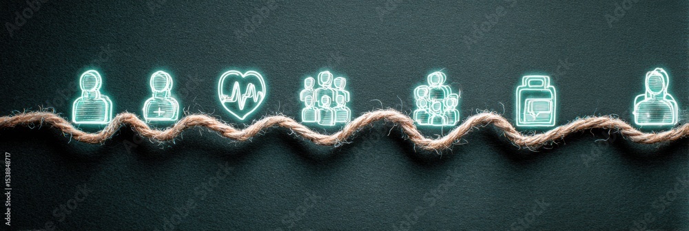 Poster Visual Lifeline of Interconnected People Icons Symbolizing Community and Support Through a String Representation in a Digital Style