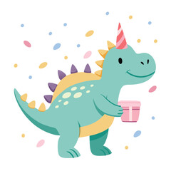 Adorable Dinosaur Birthday Illustration Cute Green Dino with Gift