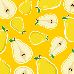 Yellow pear with white outline seamless pattern. Tropical fruit cartoon. Can be used for paper wrapping and fashion fabric