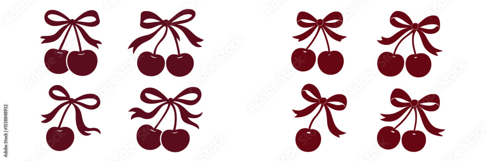 Poster cherry illustrations with bows in various arrangements for decorative purposes and craft projects