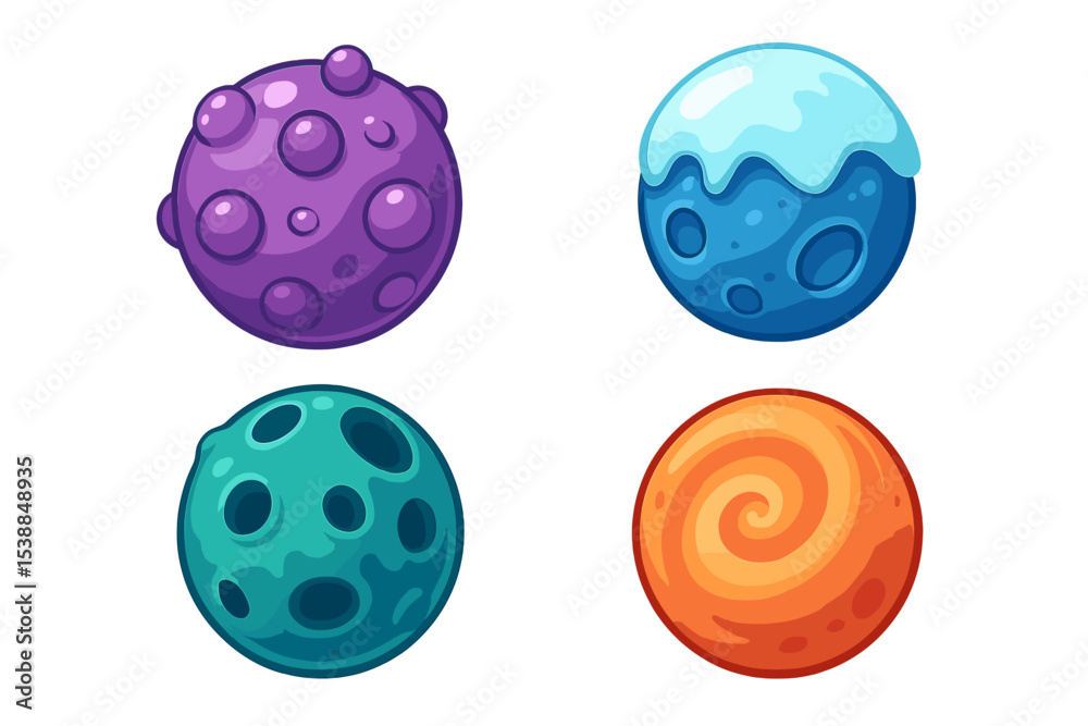 Poster Colorful cartoon planets with various textures and surface patterns in a playful design style