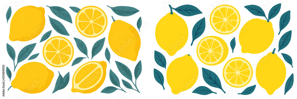 Poster Fresh lemons and lemon slices arranged with green leaves creating a vibrant, colorful pattern in a bright setting