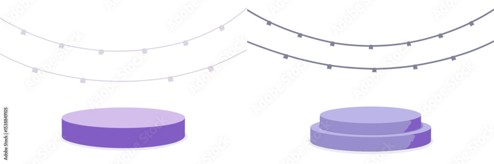 Poster Purple display pedestals with decorative string lights for event presentation setup in a minimalist style