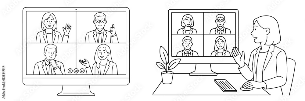 Poster business professionals engage in a virtual meeting while one participant gestures positively from a 