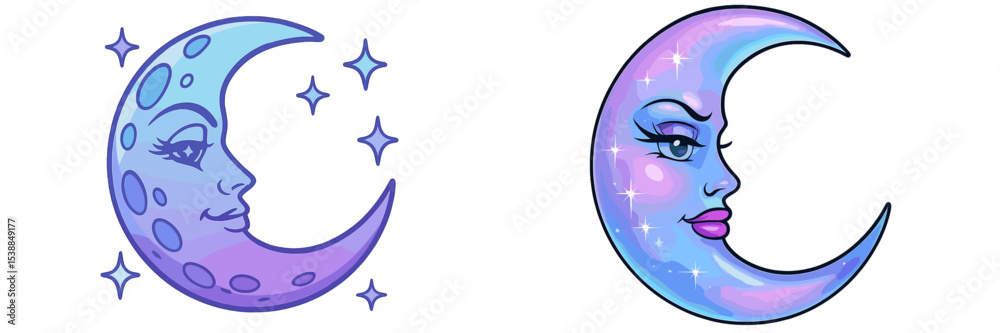 Poster two artistic representations of the moon showcasing different styles and colors against a white back