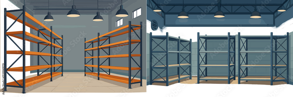 Poster empty shelving units in a modern storage room with overhead lighting and a spacious design during th