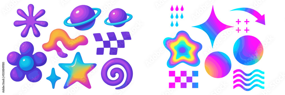Poster colorful abstract shapes and designs in vibrant hues displayed on a white background showcasing a pl