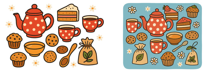 Colorful tea party setup with sweets and snacks on a bright background featuring teapot and cups