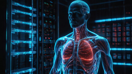 Digital Human Anatomy Lungs Highlighted in a Technological Setting