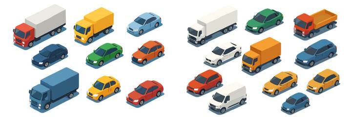 Diverse collection of colorful vehicles including cars and trucks arranged in an isometric view