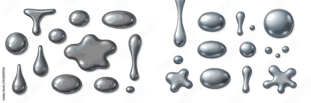 Aufkleber Various shapes and sizes of silver metallic blobs on a white background showcasing creativity and design elements
