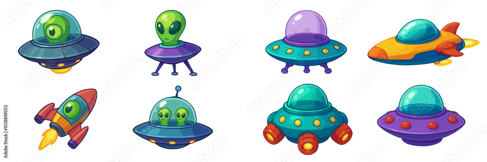Aufkleber Colorful cartoon UFOs and aliens exploring outer space in a whimsical illustration with various spaceship designs and characters