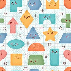 Colorful Cute Geometric Shapes Vector Seamless Pattern. Baby Background with Variety Happy Kawaii Characters. Fun Educational Design for Preschool, Back to School, Kids Learning.  