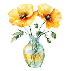 watercolor of A Golden Poppy In A Vase, vector, isolated on a white background.