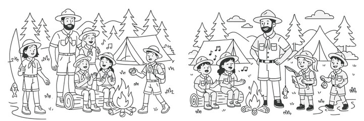 Naklejka premium Kids enjoy camping activities with songs around a campfire in a forest