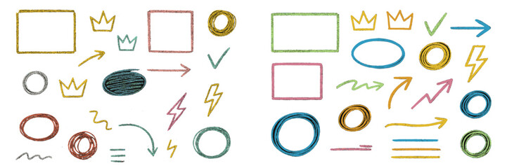 Creative doodles and symbols drawn with colorful markers on white background showcasing artistic expressions and design elements