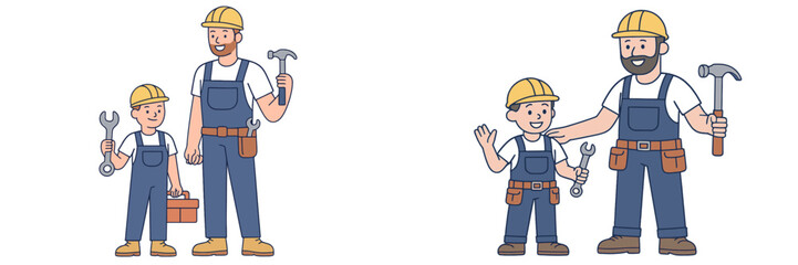 Father and son working together on DIY project in tools workshop during bright afternoon