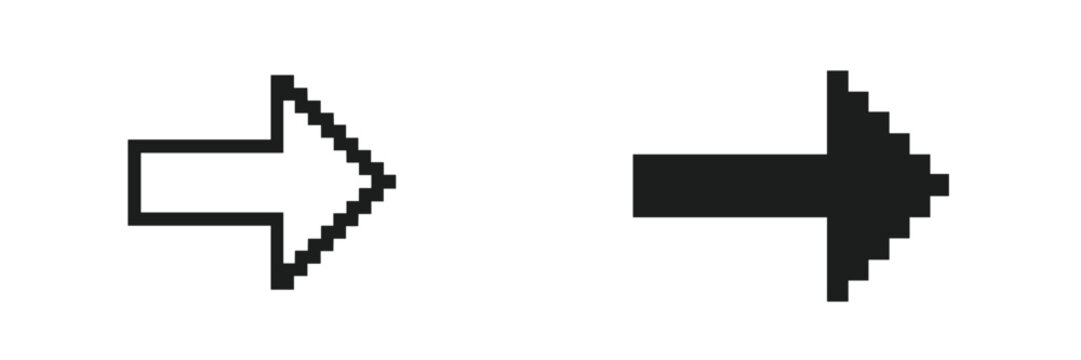 Pixelated right arrow graphic contrasting in black and white on a simple background with clear lines and shapes