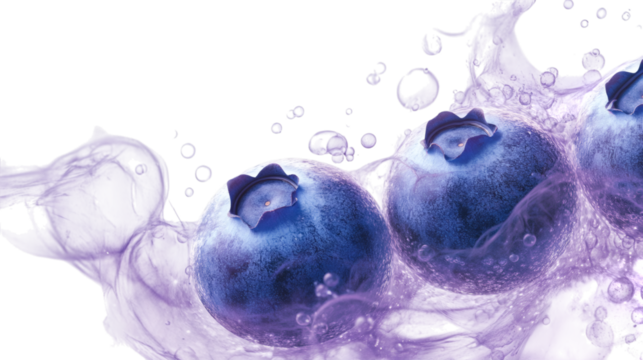 Mystical levitating shimmering blueberry orbs with ethereal mist isolated on transparent background 