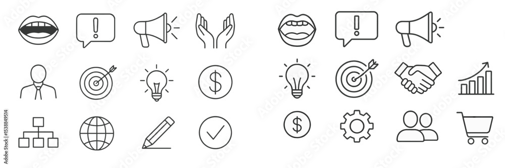 Poster collection of various business and communication icons representing teamwork, goals, and strategies