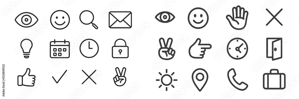 Poster Collection of simple icons representing various concepts like communication, time management, and positivity in a minimalistic style