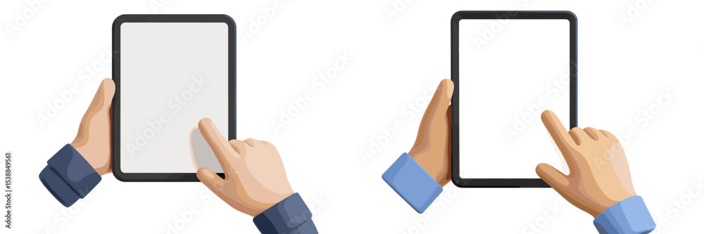 Poster hands interacting with a digital tablet showing blank screens in a minimalistic design