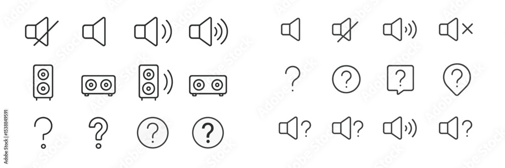 Poster icons representing sound and silence in a minimalist design, showcasing various sound indicators and