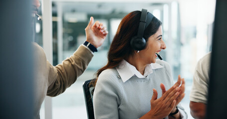 Applause, computer and headset with people in call center for lead generation or telemarketing....