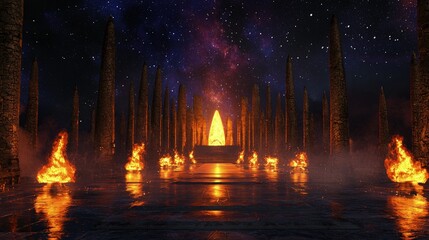 Naklejka premium Dark, mystical temple with fiery altars under a starry sky.
