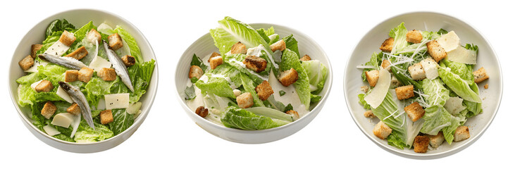 Set For bowls of caesar salad isolated on transparent background