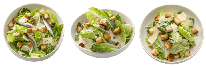 Set For bowls of caesar salad isolated on transparent background