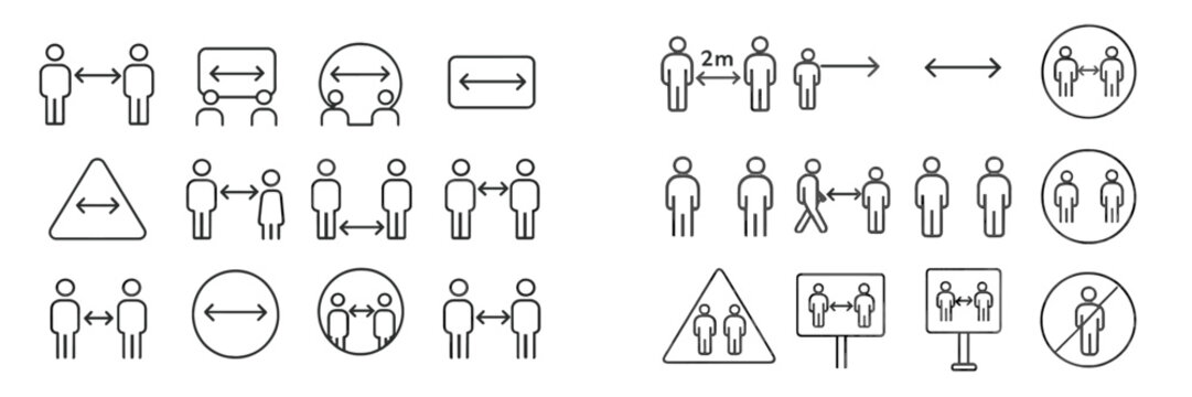Variety of social distancing icons and symbols promoting health and safety during public interactions