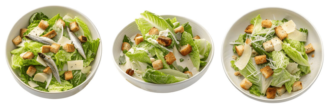 Set For bowls of caesar salad isolated on transparent background