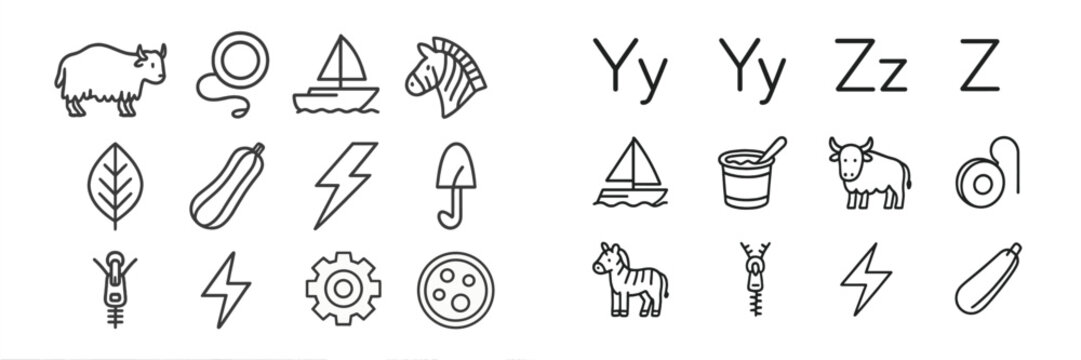 Collection of simple line icons representing various objects and concepts in a playful format for educational use