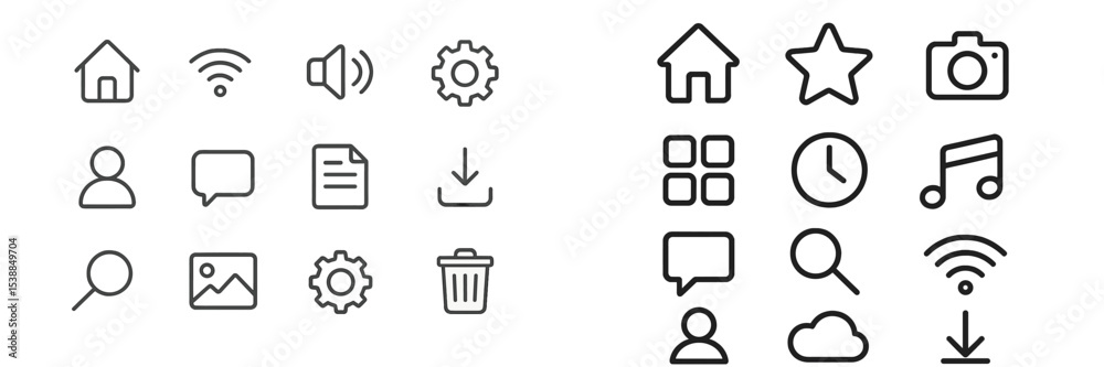 Poster Collection of simple black and white icons representing various digital activities and functions for user interface design