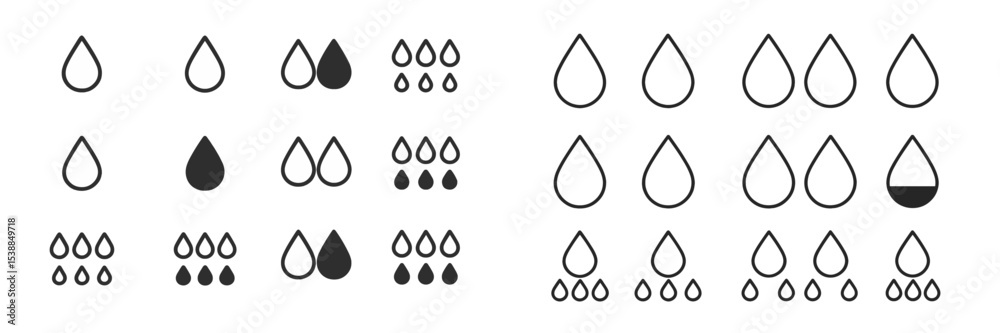 Poster Patterns of raindrop shapes in black and white displayed in a grid format showcasing different sizes and orientations