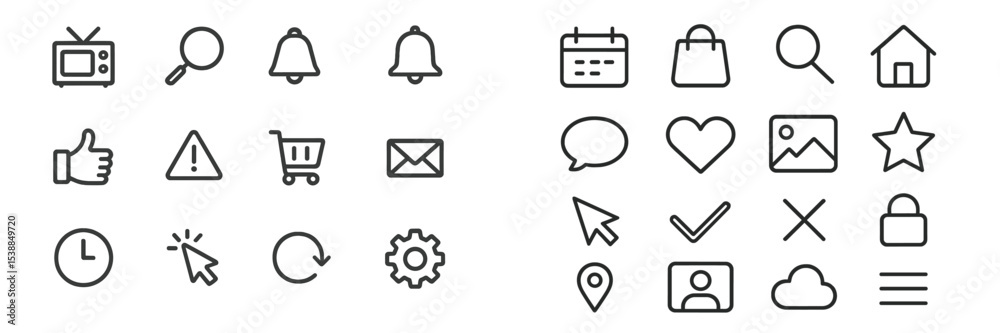 Poster Collection of minimalist icons representing various activities and functions in everyday life organized in two rows on a clean white background