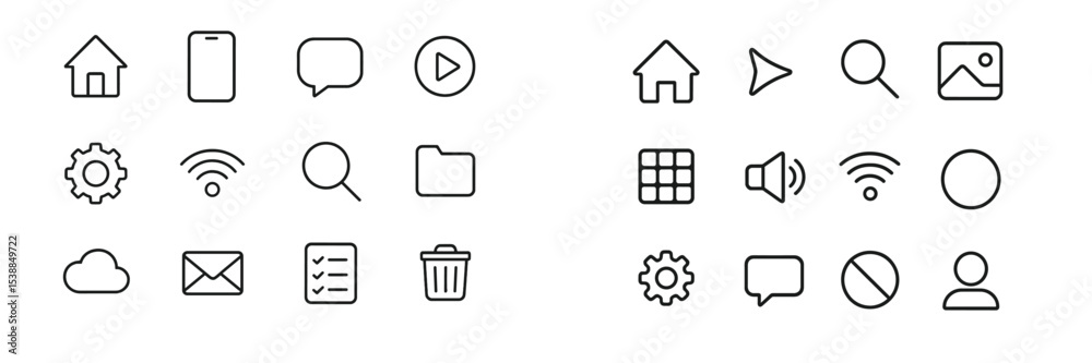 Poster Simple set of line icons representing various digital activities and elements in a modern interface design for user interaction