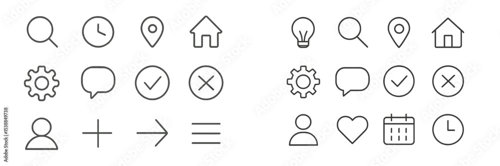 Poster Minimalist icons representing various concepts including search, time, location, and user interaction designed for user interface applications
