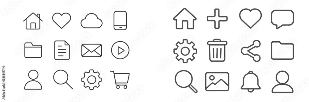 Aufkleber Collection of simple line icons representing various digital applications and user interface elements for design purposes