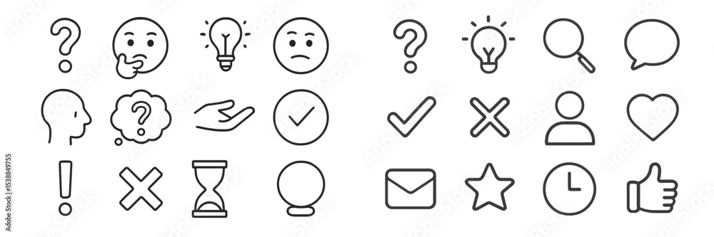 Aufkleber symbols representing various emotions, thoughts, and actions illustrated in a simple line art style