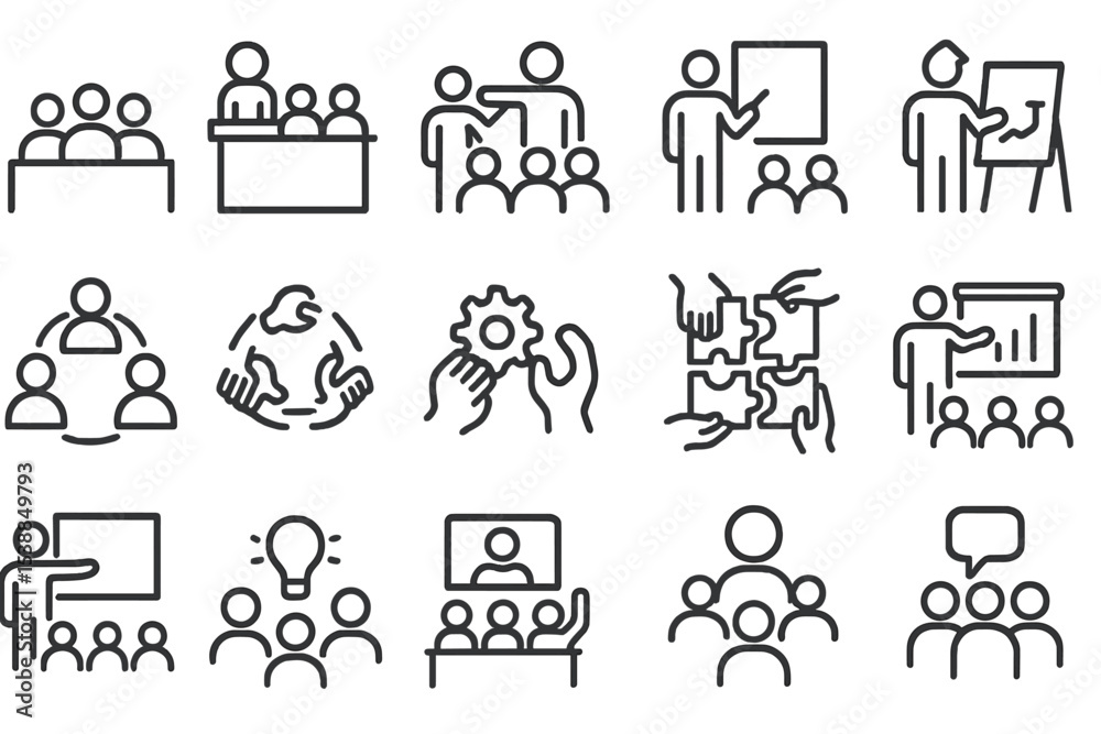 Poster various icons representing teamwork, collaboration, and presentation in a professional setting