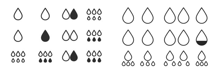 Variety of droplet designs in black and white showcasing different sizes and shapes in a minimalist style