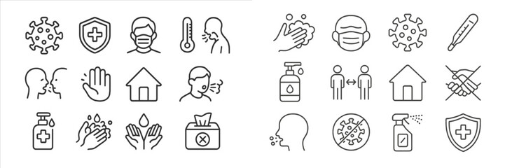 Collection of health and safety icons illustrating hygiene and protective measures during a pandemic