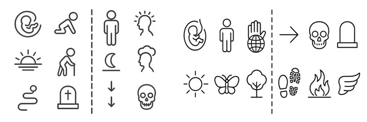 Visual representation of life stages, emotions, and symbols in simple line art drawing