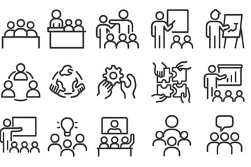 Fototapeta premium Various icons representing teamwork, collaboration, and presentation in a professional setting