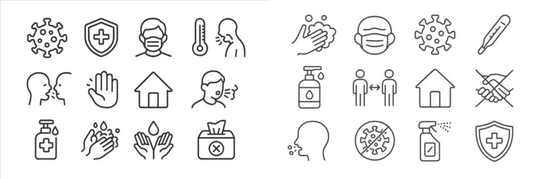 Collection of health and safety icons illustrating hygiene and protective measures during a pandemic