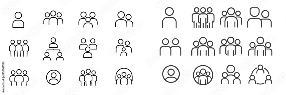Poster Collection of various line art icons depicting people in different group settings, designed for social interaction themes